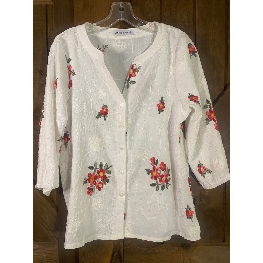 Ana & Rose Blouse Womens SP White Excellent Floral Embroidered 3/4 Sleeve Top